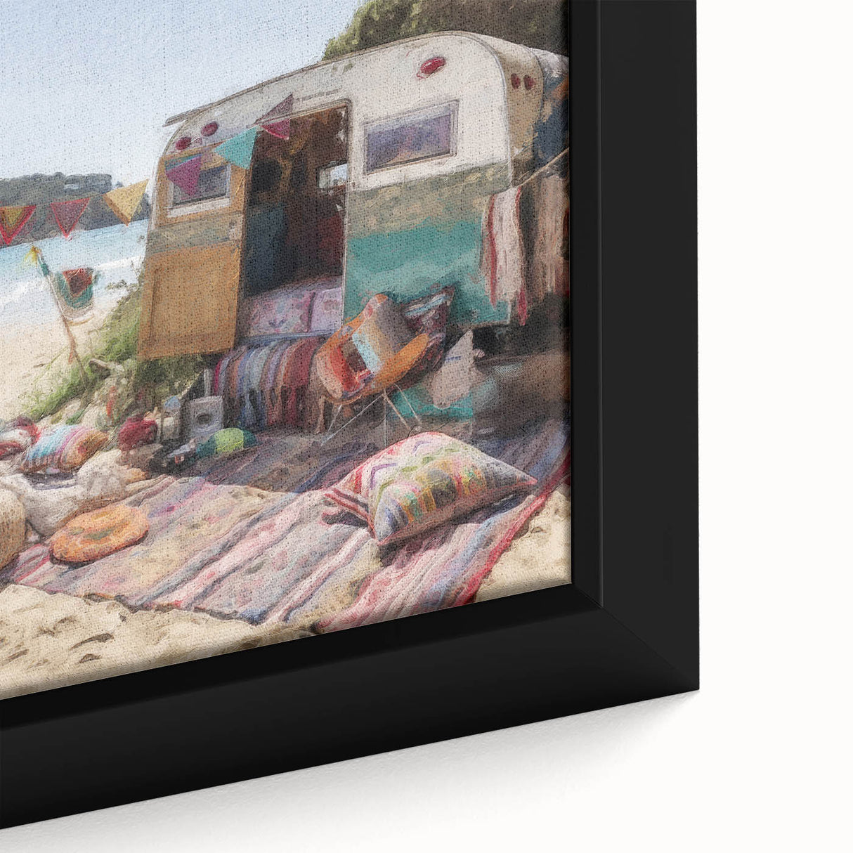 Extra large framed canvas featuring a textured, colorful caravan design on a black background, ideal for living room decor.