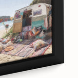 Extra large framed canvas featuring a textured, colorful caravan design on a black background, ideal for living room decor.