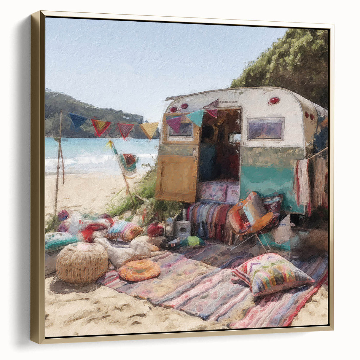 Framed canvas featuring a vintage poster-style landscape with a caravan, in silver and gold tones.