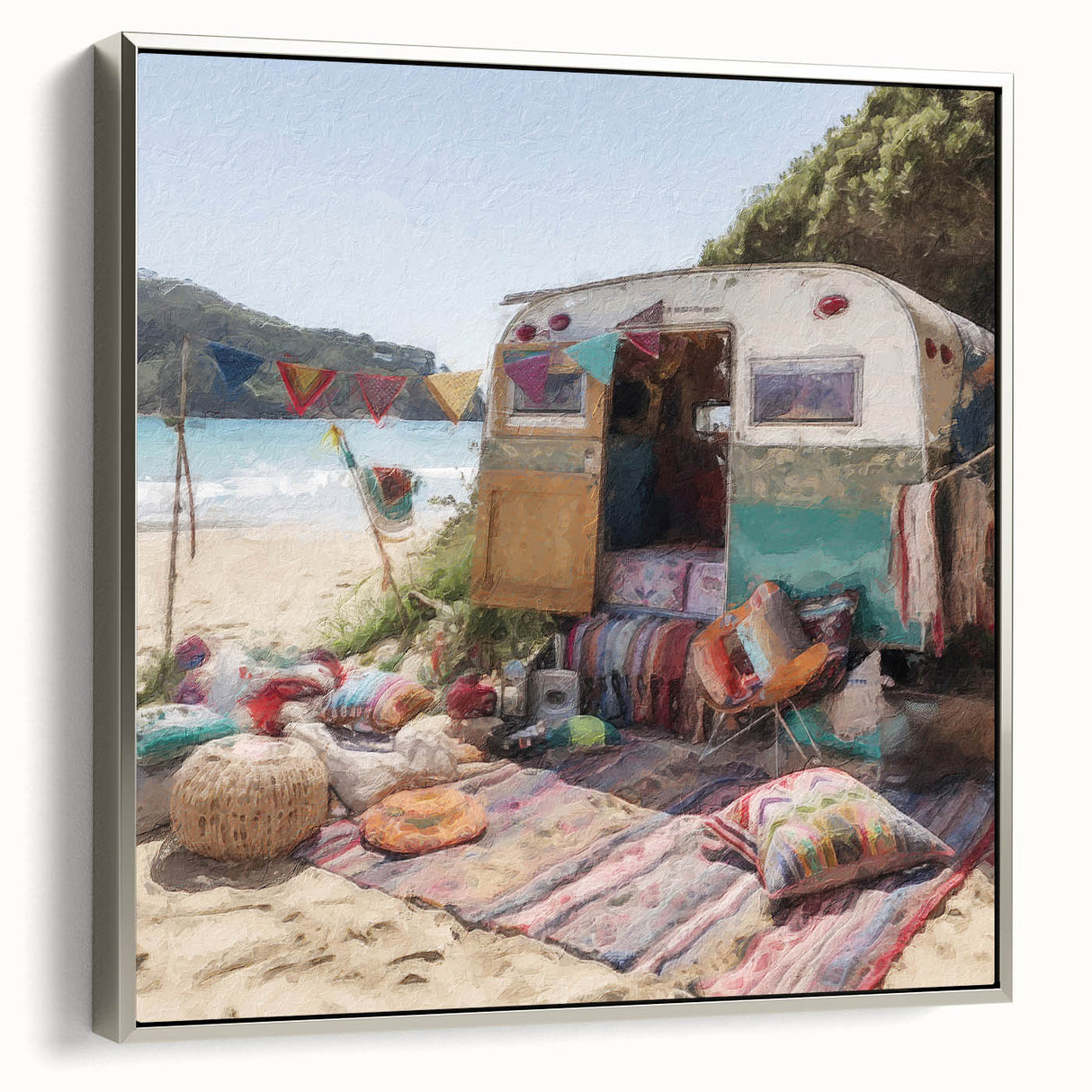 Vintage caravan in a landscape painting on a framed canvas, featuring colorful art with a black background.