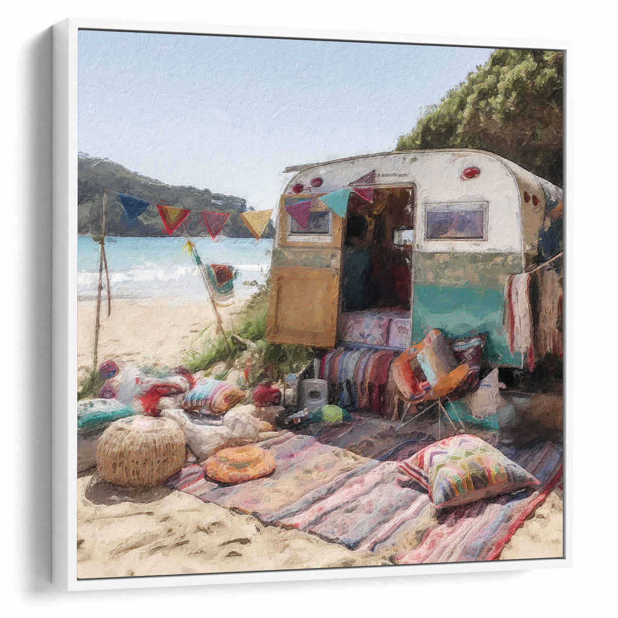 Vintage poster art of a colorful caravan on a black background, framed canvas, ideal for living room decor.