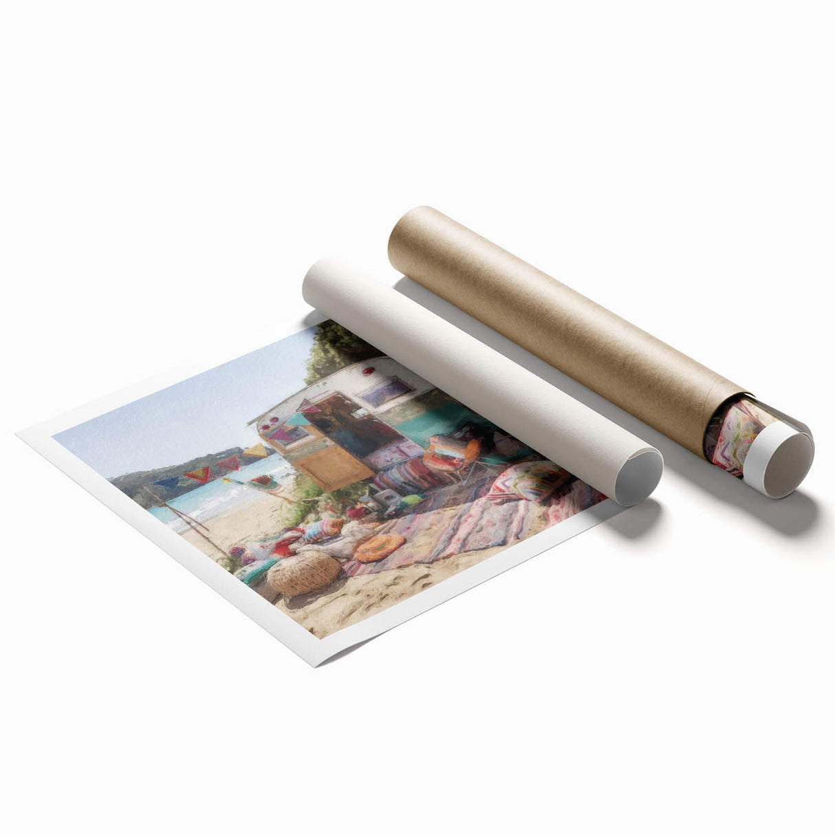 Extra large rolled print featuring a floral caravan design in pastel colors, suitable for classy bathroom wall art.