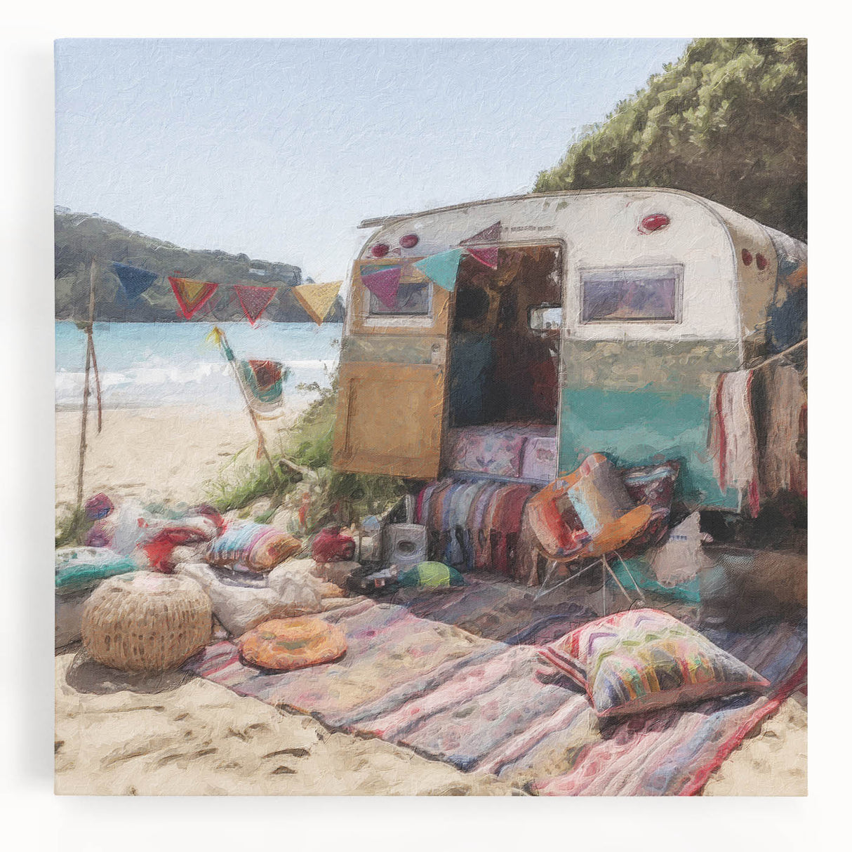Black and white stretched canvas featuring a minimalist caravan design, ideal for kitchen wall art.