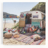 Black and white stretched canvas featuring a minimalist caravan design, ideal for kitchen wall art.