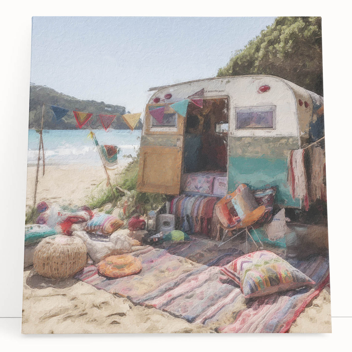 Black and white caravan print on stretched canvas, ideal for kitchen wall art or bedroom ambiance.