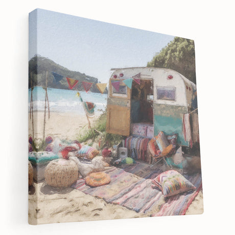 Side view of a vintage caravan depicted in muted earth tones on a stretched canvas, suitable for kitchen wall art.