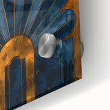 Close-up view of an abstract minimalist wall art piece, showcasing vibrant colors and fluid shapes on acrylic glass, perfect for modern home decor.