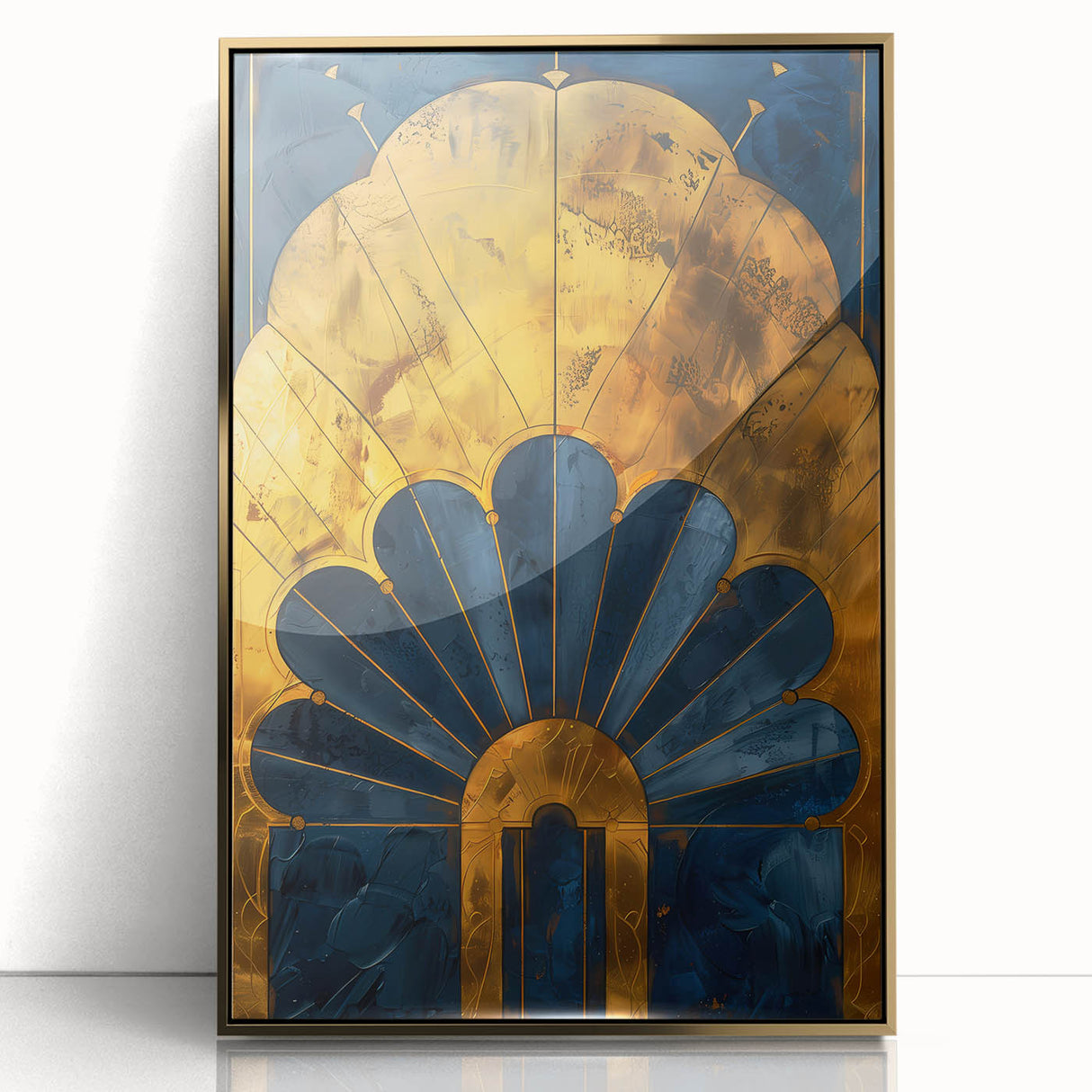 Abstract minimalist wall art framed in acrylic with a gold finish, showcasing a contemporary design that enhances modern home decor aesthetics.