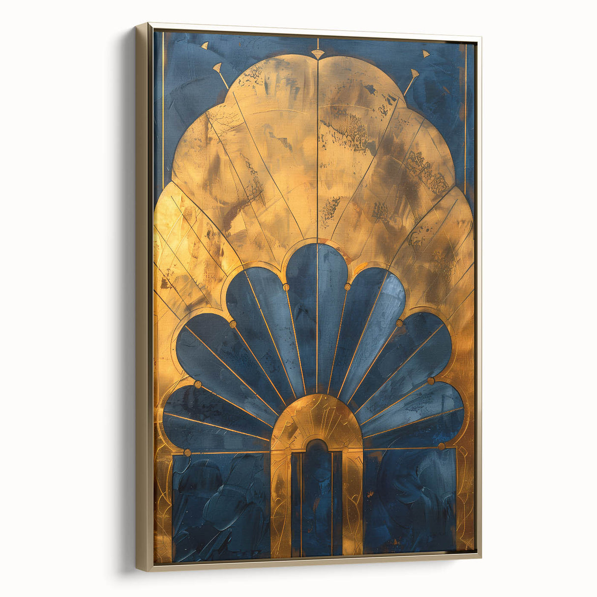 Abstract minimalist wall art framed in gold, showcasing geometric shapes and soft color gradients, ideal for modern home decor. The artwork exudes elegance and sophistication, perfect for enhancing contemporary interiors.