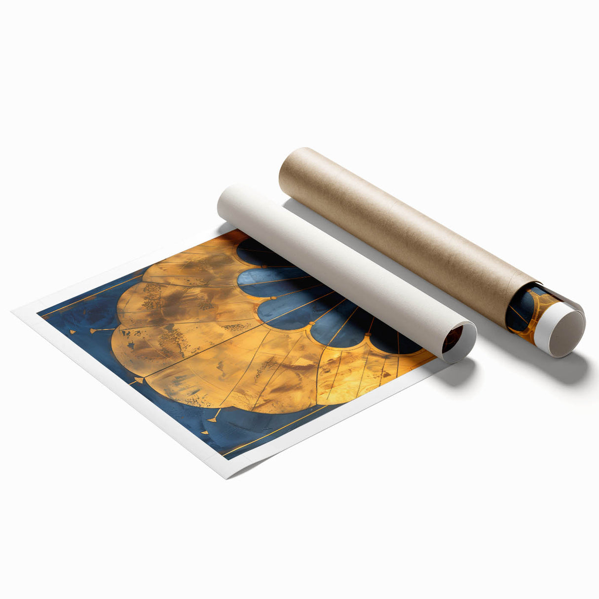 Abstract minimalist wall art print showcasing soft pastel colors and geometric shapes, elegantly rolled and packaged in a protective cardboard tube for easy display.