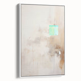 Abstract minimalist wall art in a sleek white frame, showcasing a geometric design with soft beige and gray tones, ideal for modern home decor.