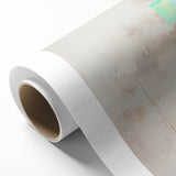 Abstract minimalist wall art on rolled canvas, showcasing soft pastel colors and geometric shapes, elegantly packaged in a protective cardboard tube for easy transport.