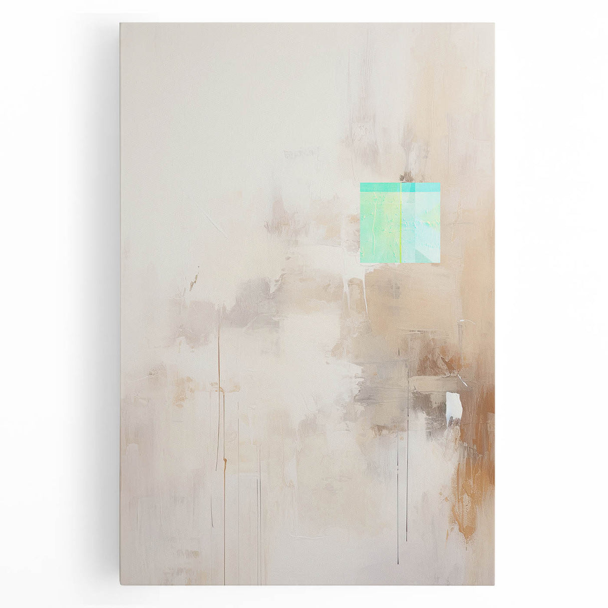 Abstract minimalist wall art canvas featuring a soft color palette of beige and mint green, showcasing fluid shapes and lines, ideal for modern decor.