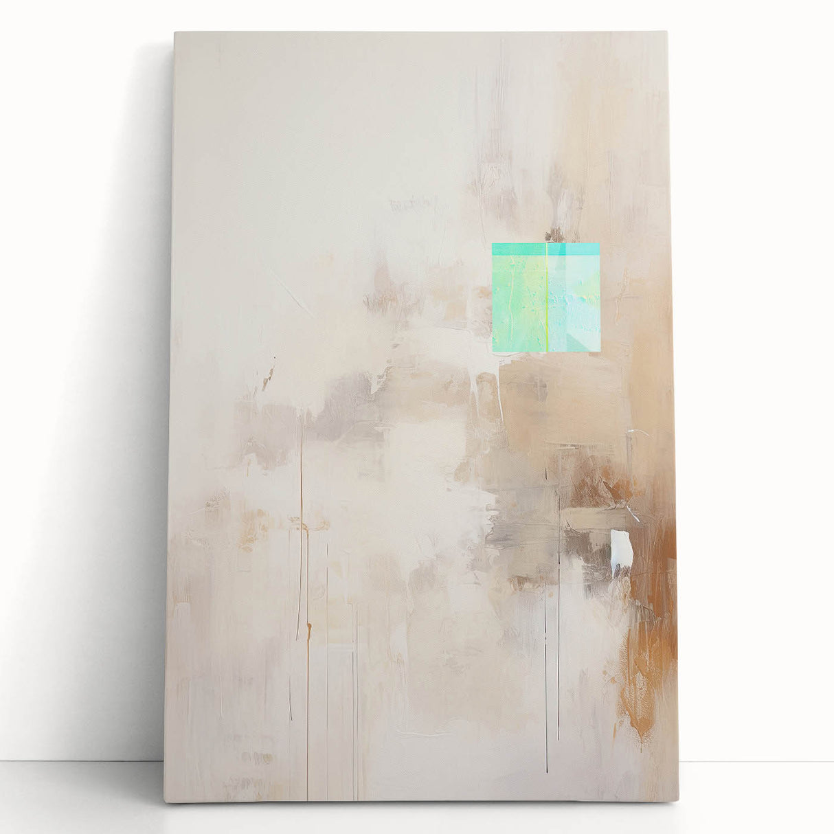 Abstract minimalist wall art on stretched canvas featuring soft pastel colors and geometric shapes, leaning against a neutral wall, perfect for modern decor.