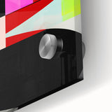 Close-up of abstract minimalist wall art featuring vibrant colors and geometric shapes, designed for modern decor, showcasing a sleek acrylic glass finish.