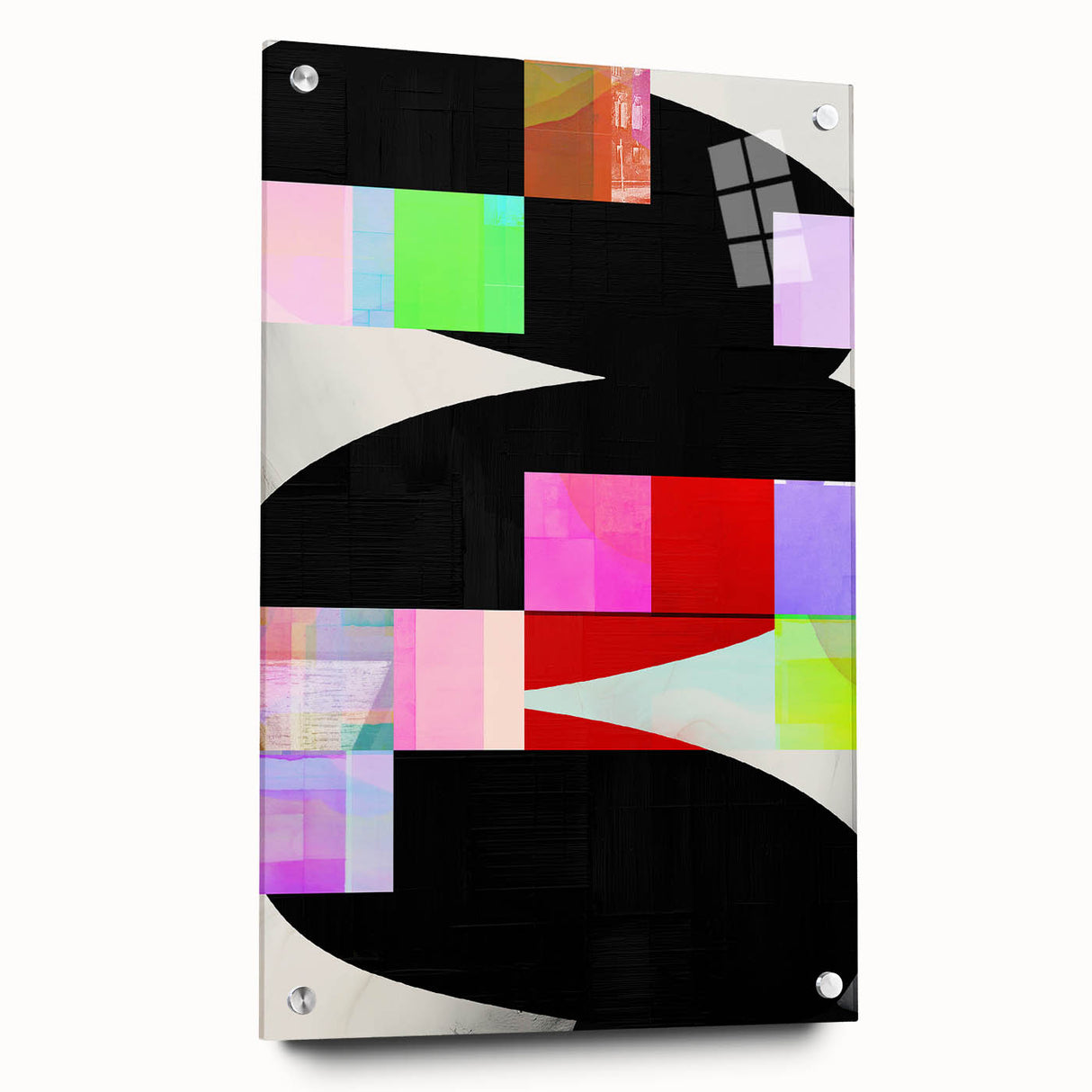 Abstract minimalist wall art in acrylic glass, showcasing a side view with decorative pins, set against a neutral backdrop, perfect for modern home decor.