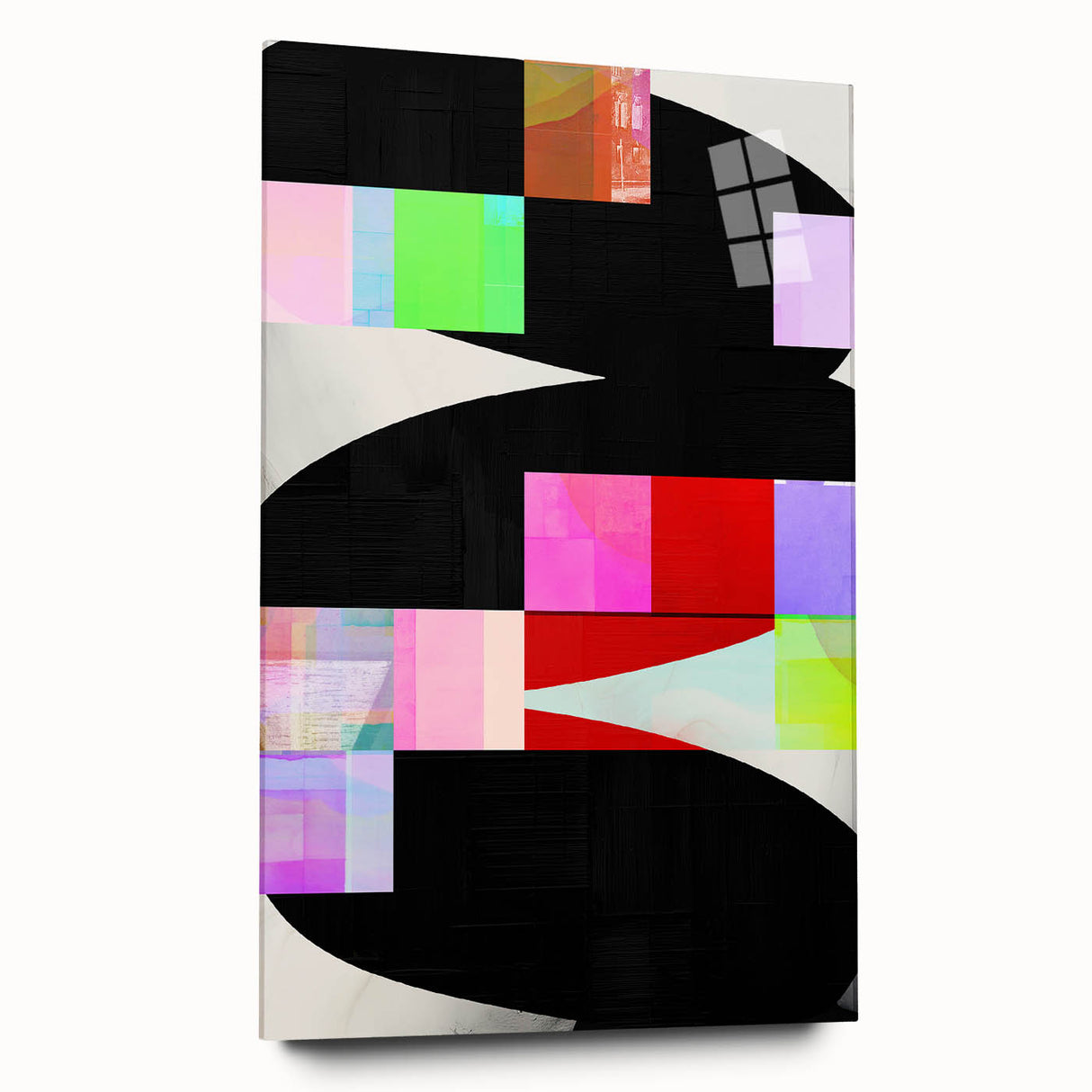Abstract minimalist wall art displayed in a sleek acrylic glass frame, showcasing soft pastel colors and geometric patterns, perfect for modern home decor.