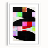 Abstract minimalist wall art framed in white with a mat, showcasing geometric shapes and soft pastel colors, ideal for modern home decor or office spaces.