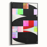 Framed abstract minimalist wall art in black, showcasing a sleek design with crisp lines and geometric shapes, perfect for modern home decor. The side view highlights the canvas texture and sturdy frame, ideal for enhancing contemporary interiors.