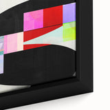 Close-up of a framed abstract minimalist wall art piece showcasing soft pastel colors and geometric shapes, ideal for modern home decor or office spaces.