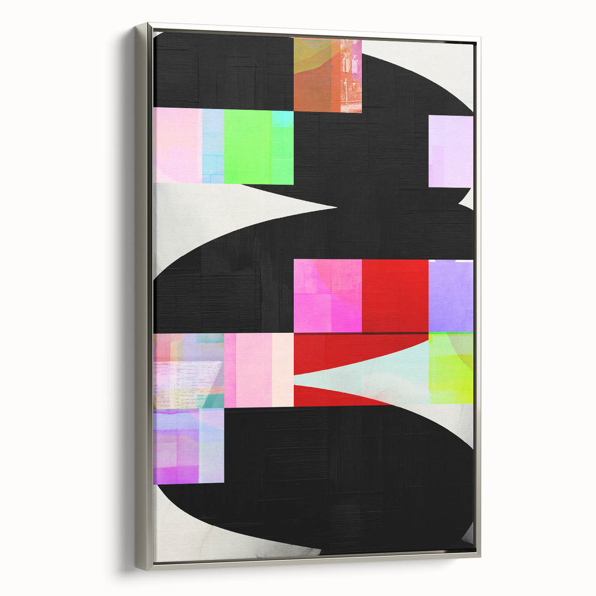 Framed abstract minimalist wall art in silver, showcasing a sleek side view of the canvas design. Perfect for modern decor, enhancing any interior space with elegance.
