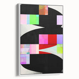 Framed minimalist abstract wall art in a sleek white frame, showcasing soft pastel colors with geometric shapes, ideal for modern home decor.