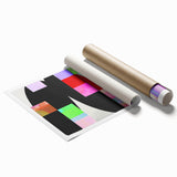 Abstract minimalist wall art print showcasing soft pastel colors and geometric shapes, rolled up in a protective cardboard tube, ideal for modern home decor.