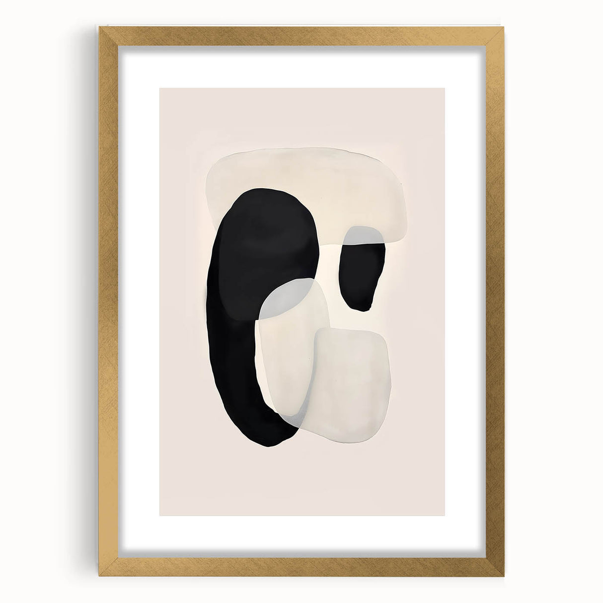 Abstract minimalist wall art framed in gold with a white mat, showcasing geometric patterns and soft pastel colors; perfect for modern decor.