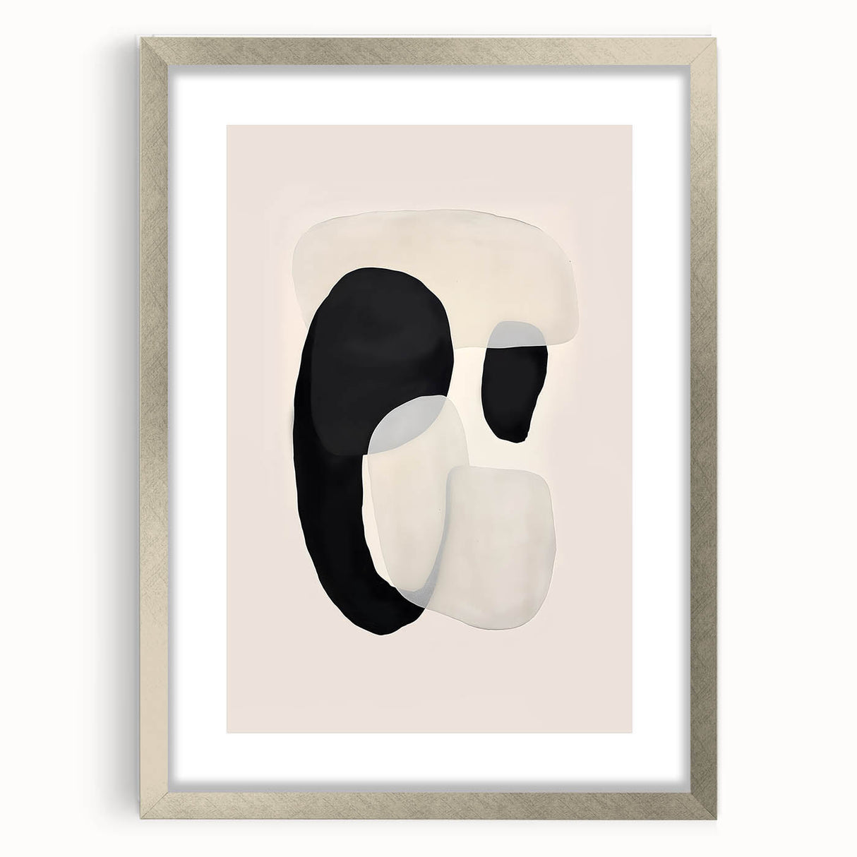 Abstract minimalist wall art framed in silver with a matte finish, showcasing geometric patterns and soft color tones, perfect for modern home decor.