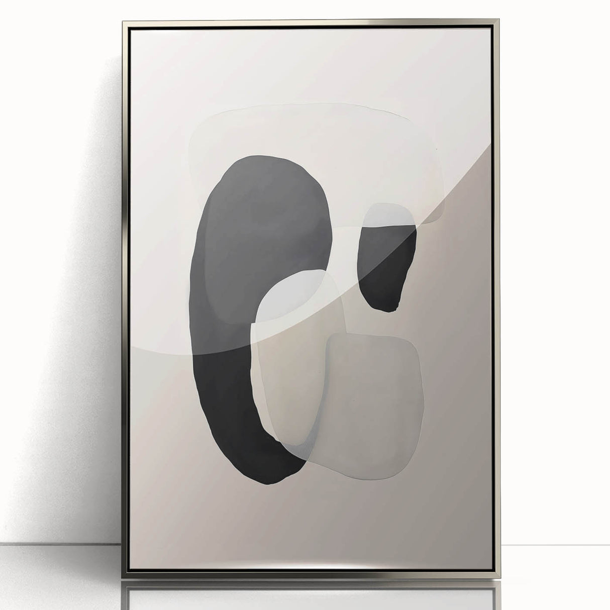 Framed abstract minimalist wall art featuring a silver acrylic front, showcasing geometric patterns and a sleek design, perfect for modern home decor.