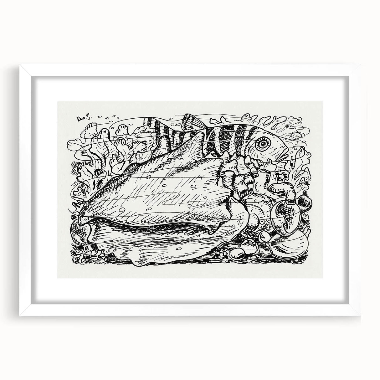 Modern Wall Art - Intricate Underwater Illustration | Fish & Shell Drawing