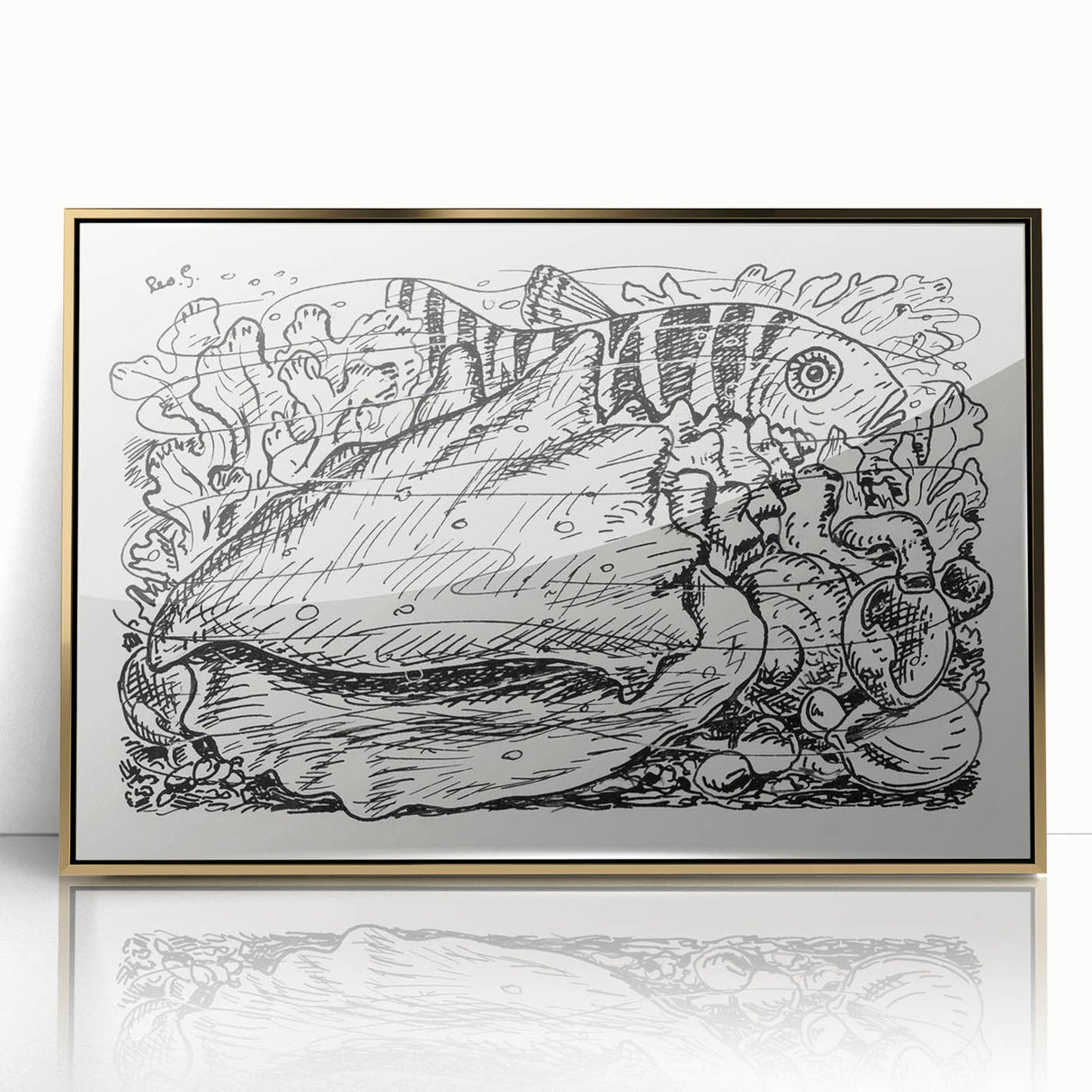 Modern Wall Art - Intricate Underwater Illustration | Fish & Shell Drawing