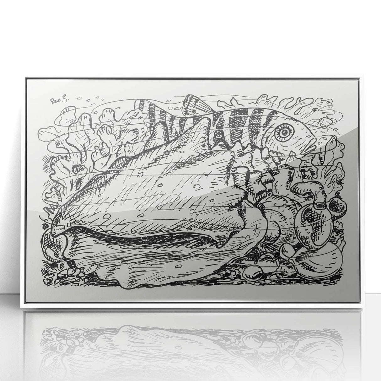 Modern Wall Art - Intricate Underwater Illustration | Fish & Shell Drawing