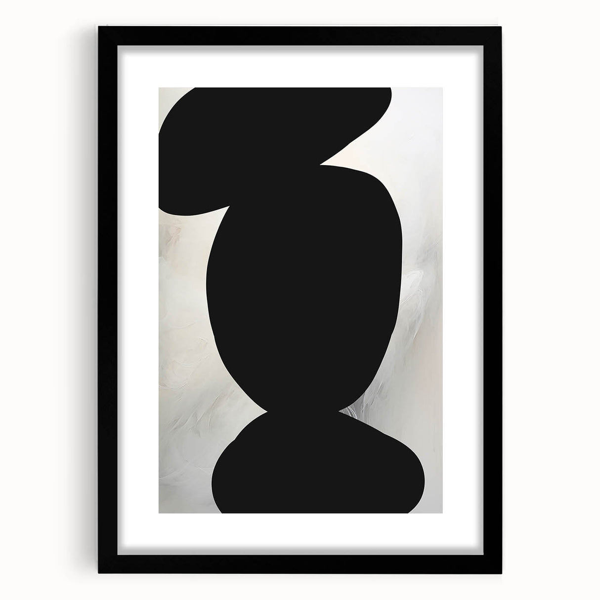 Abstract minimalist wall art framed in black with a white mat, showcasing geometric shapes and soft colors, perfect for modern home decor accents.