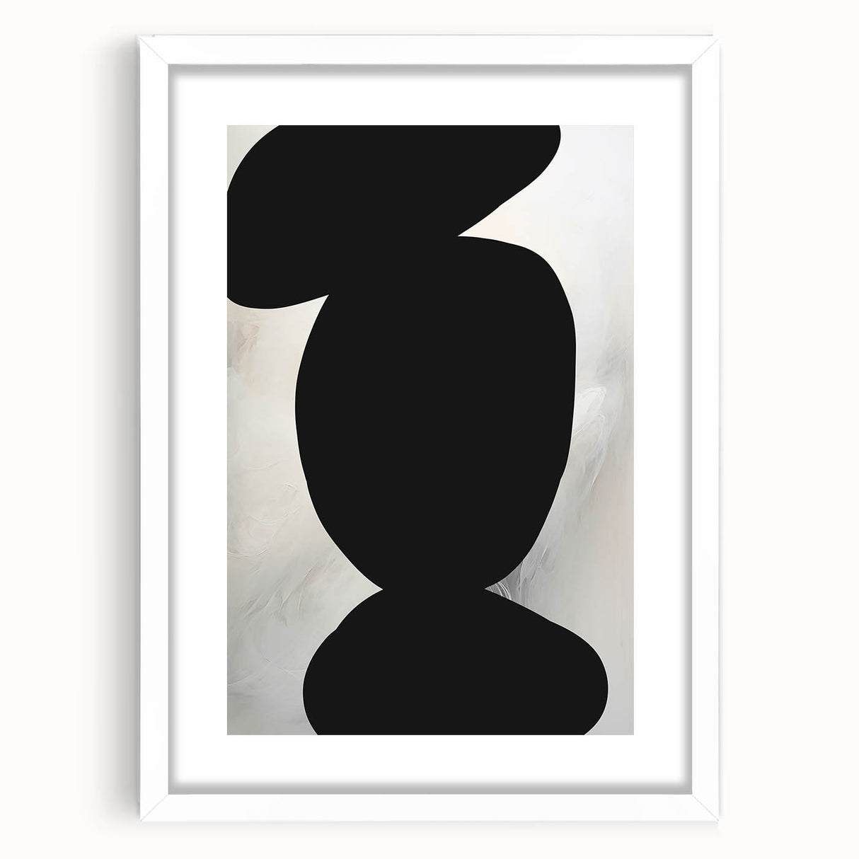 Abstract minimalist wall art framed in white with a mat, showcasing soft geometric shapes and neutral tones, perfect for modern decor and enhancing interior aesthetics.