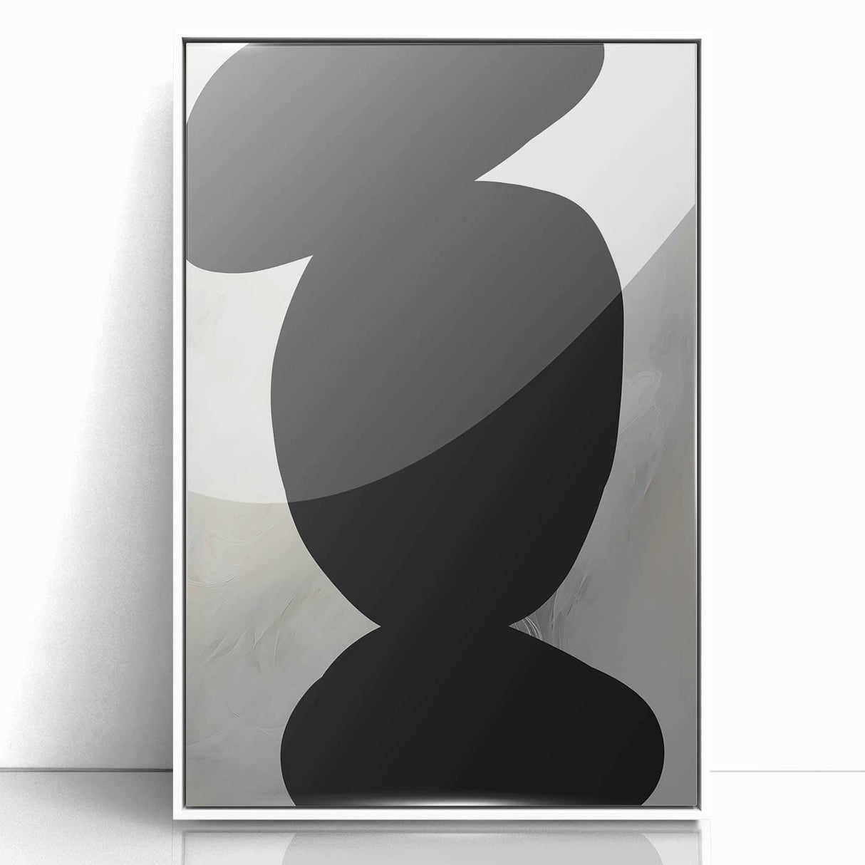 Framed abstract minimalist wall art featuring soft white tones and geometric shapes, displayed in an elegant acrylic frame, ideal for modern home decor.