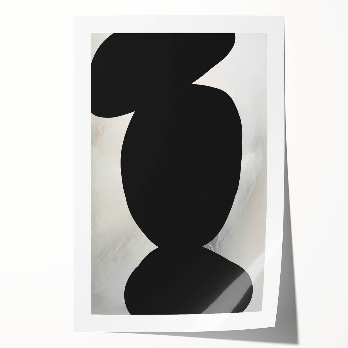 Abstract minimalist wall art print showcasing swirling blue and gray shapes on a textured background, elegantly rolled in a protective cardboard tube for safe delivery.