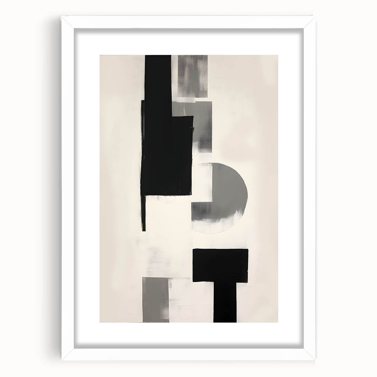 Minimalist abstract wall art framed in white, featuring soft geometric shapes and a neutral color palette, perfect for modern home decor.