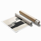 Abstract minimalist wall art print displayed in a rolled format, featuring soft neutral tones and geometric shapes, perfect for modern home decor. The artwork is packaged securely in a protective cardboard tube, ideal for gifting or easy storage.