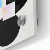 Close-up of abstract minimalist wall art on acrylic glass, showcasing vibrant colors and smooth textures, perfect for modern home decor or office spaces.