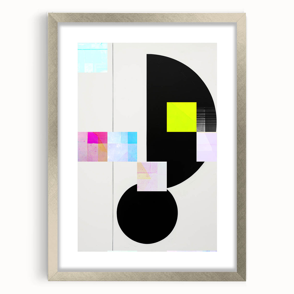 Abstract minimalist wall art framed in silver, showcasing soft gray and white tones with a sleek mat, perfect for modern home decor.