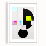 Abstract minimalist wall art framed in white, showcasing geometric shapes and soft color hues, ideal for modern home decor and stylish interiors.