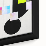 Close-up of a framed abstract minimalist wall art design showcasing soft pastel colors and geometric shapes, perfect for modern home decor.