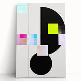 Abstract minimalist wall art on stretched canvas, showcasing soft pastel colors and geometric shapes, elegantly leaning against a neutral wall background.