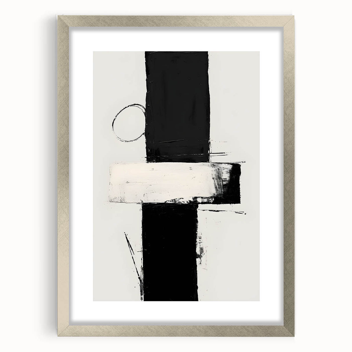 Abstract minimalist wall art design featuring a silver frame with a white mat, showcasing geometric shapes and soft colors, perfect for modern home decor.