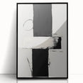 Abstract minimalist wall art featuring geometric shapes in muted tones, framed in sleek black acrylic, ideal for modern home decor. Perfect for enhancing contemporary living spaces.