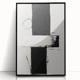 Abstract minimalist wall art featuring geometric shapes in muted tones, framed in sleek black acrylic, ideal for modern home decor. Perfect for enhancing contemporary living spaces.