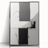 Framed abstract minimalist wall art featuring a sleek silver acrylic design, showcasing geometric shapes and soft color gradients, ideal for modern home decor.