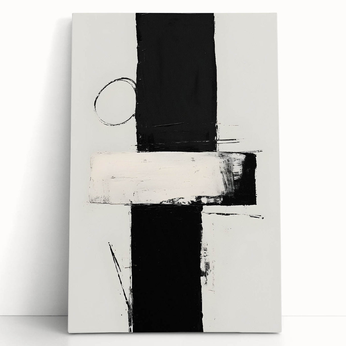 Abstract minimalist wall art design on stretched canvas, featuring soft pastel colors and geometric shapes, leaning against a neutral wall for an elegant decor touch.