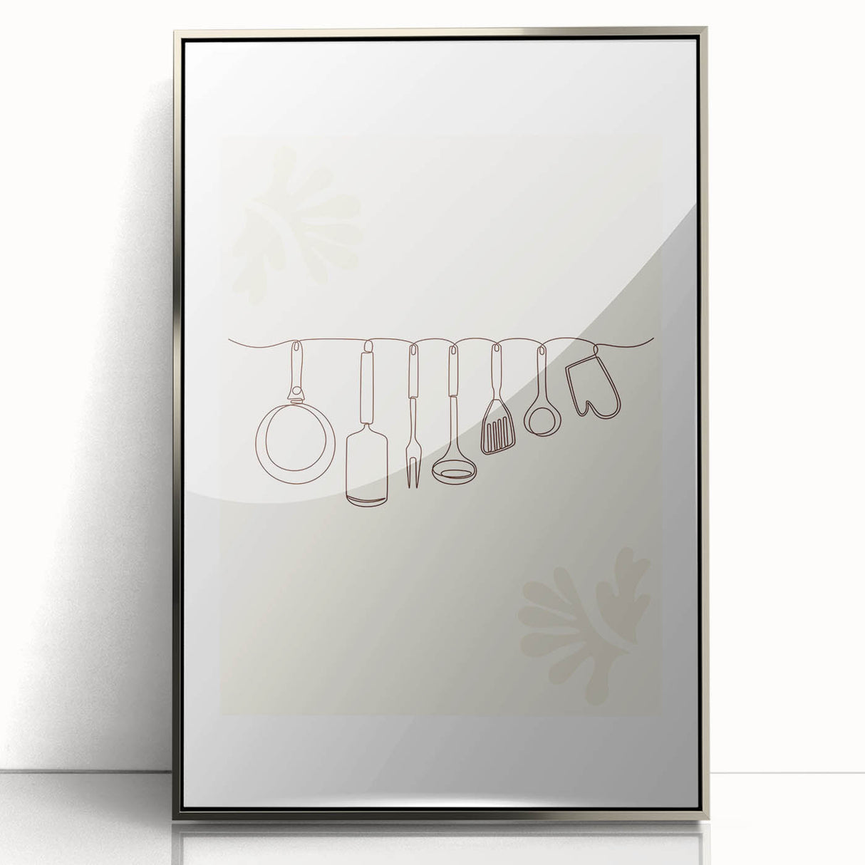 Mid-century modernist art deco poster in silver frame, featuring geometric shapes in muted colors.